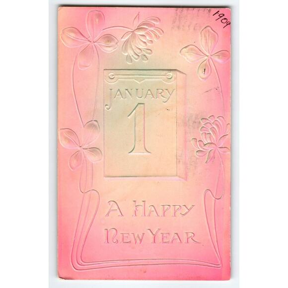 1909 Embossed New Year Postcard January 1 Pink Floral Lithograph - Picture 1 of 2